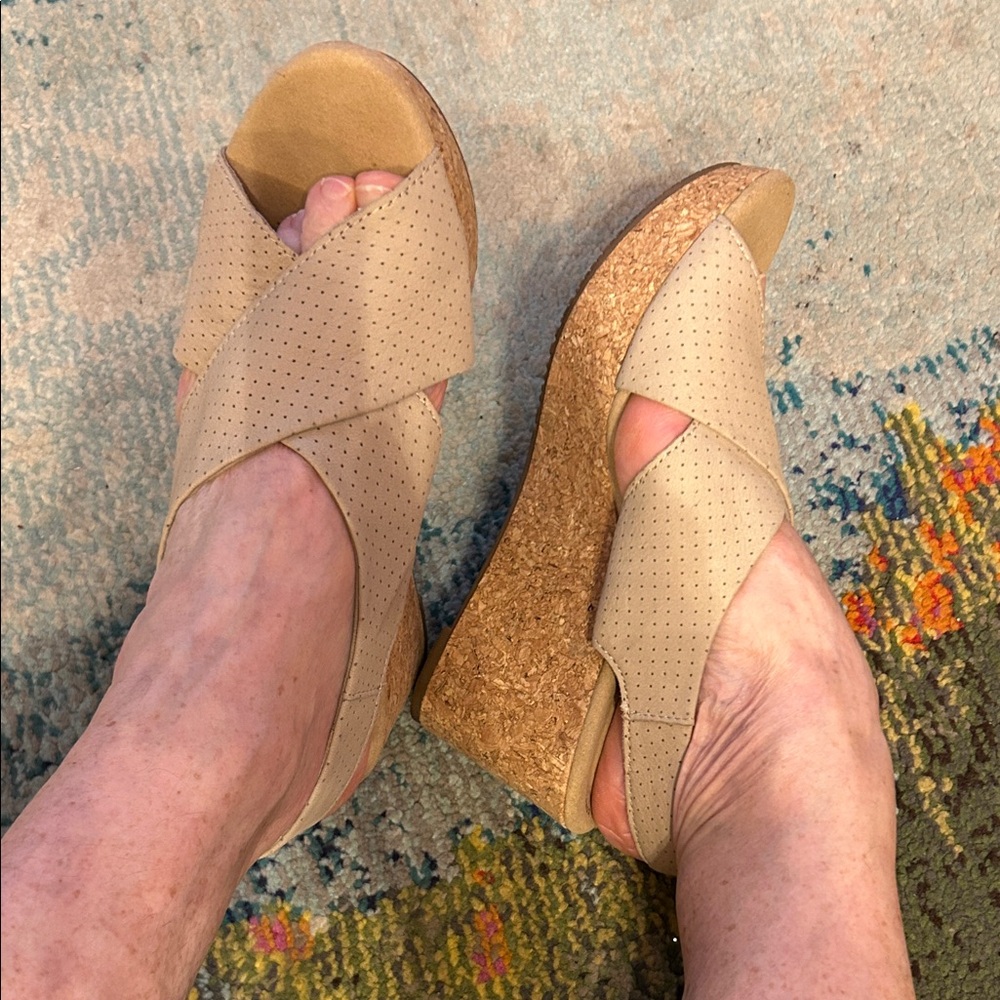 Clarks Beige Perforated Wedge Sandals